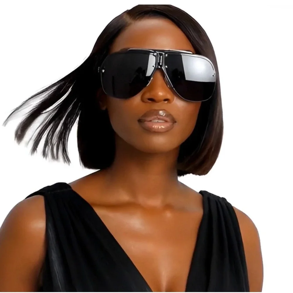 Women Oversize Shield Sunglasses Black Lens Luxury Rimless Bottom Square Shades‎